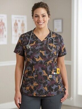 Carhartt Force Dog Print V-Neck Scrub Top in Black, Brown & Purple Camo XL